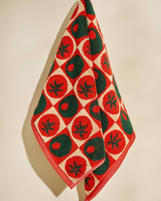 Olive and Tomato Checked Cotton Terry Cloth Towel