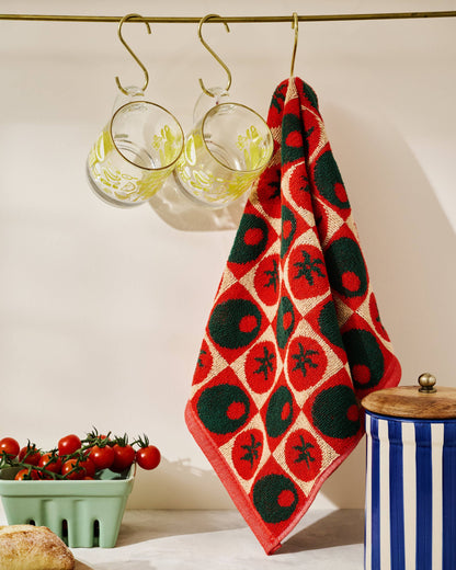 Olive and Tomato Checked Cotton Terry Cloth Towel
