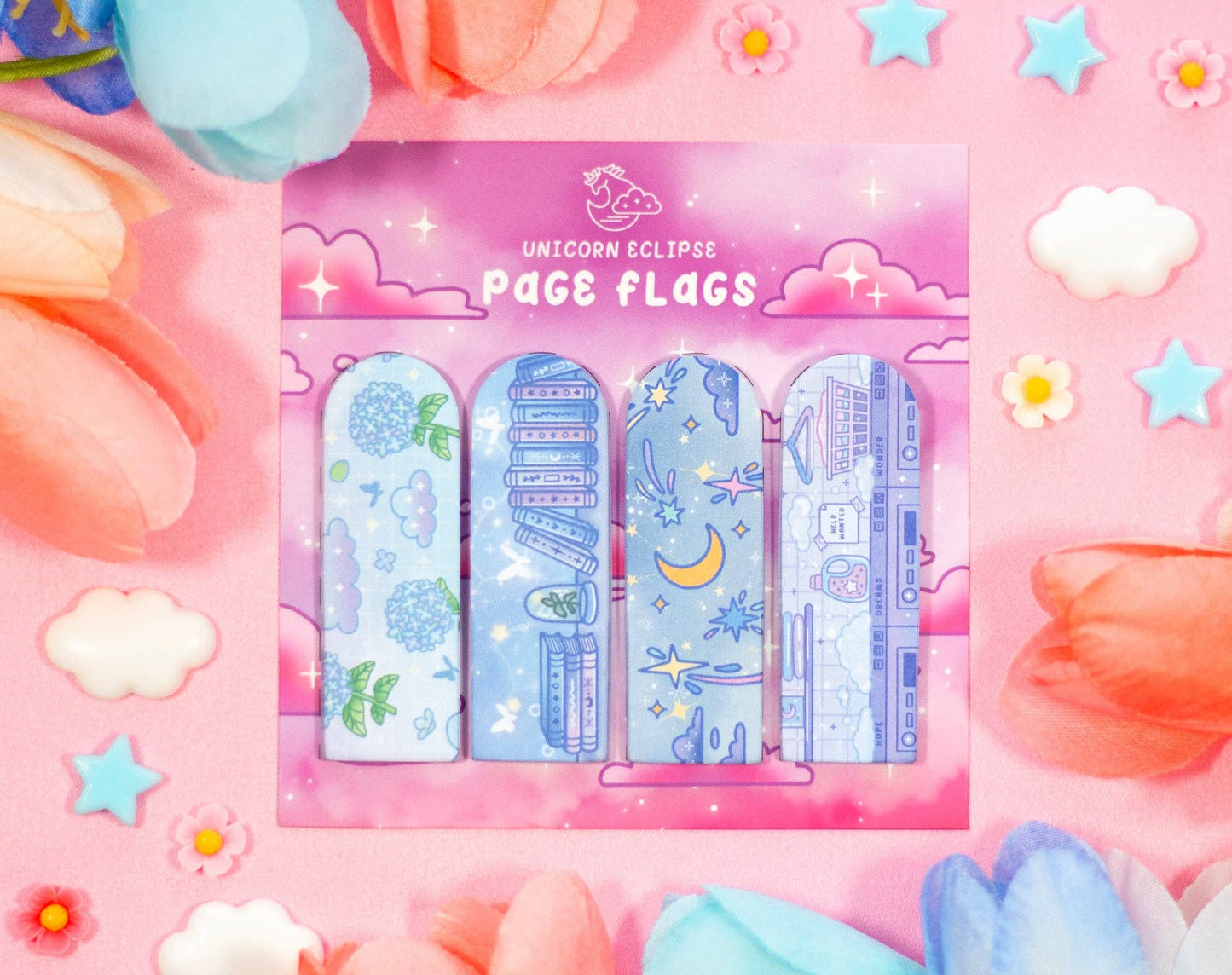 Set of unicorn-themed page flags with a decorative pink background featuring stars and clouds.