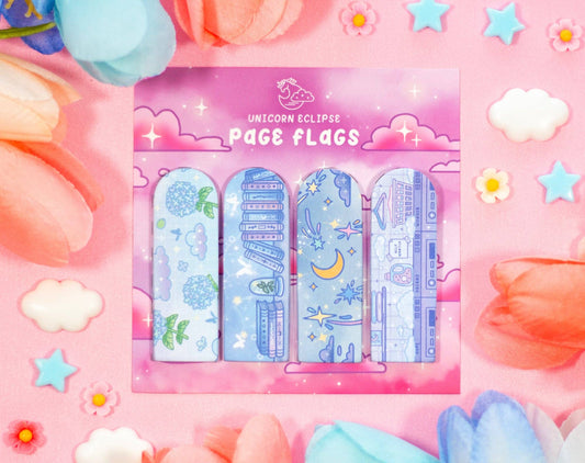 Set of unicorn-themed page flags with a decorative pink background featuring stars and clouds.