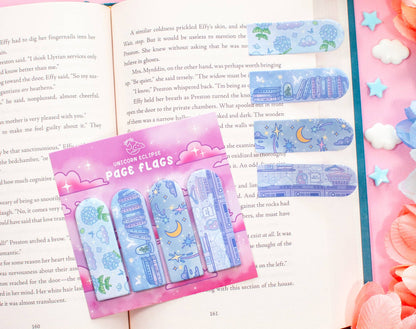 Pack of page flags on a book with decorative elements.