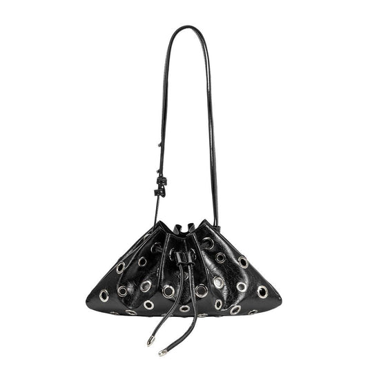 A black faux-leather bucket bag with a drawstring closure and multiple silver-tone metal grommets, shown against a plain white background.