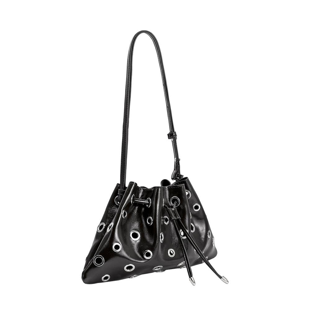 Black handbag with eyelet details on a white background