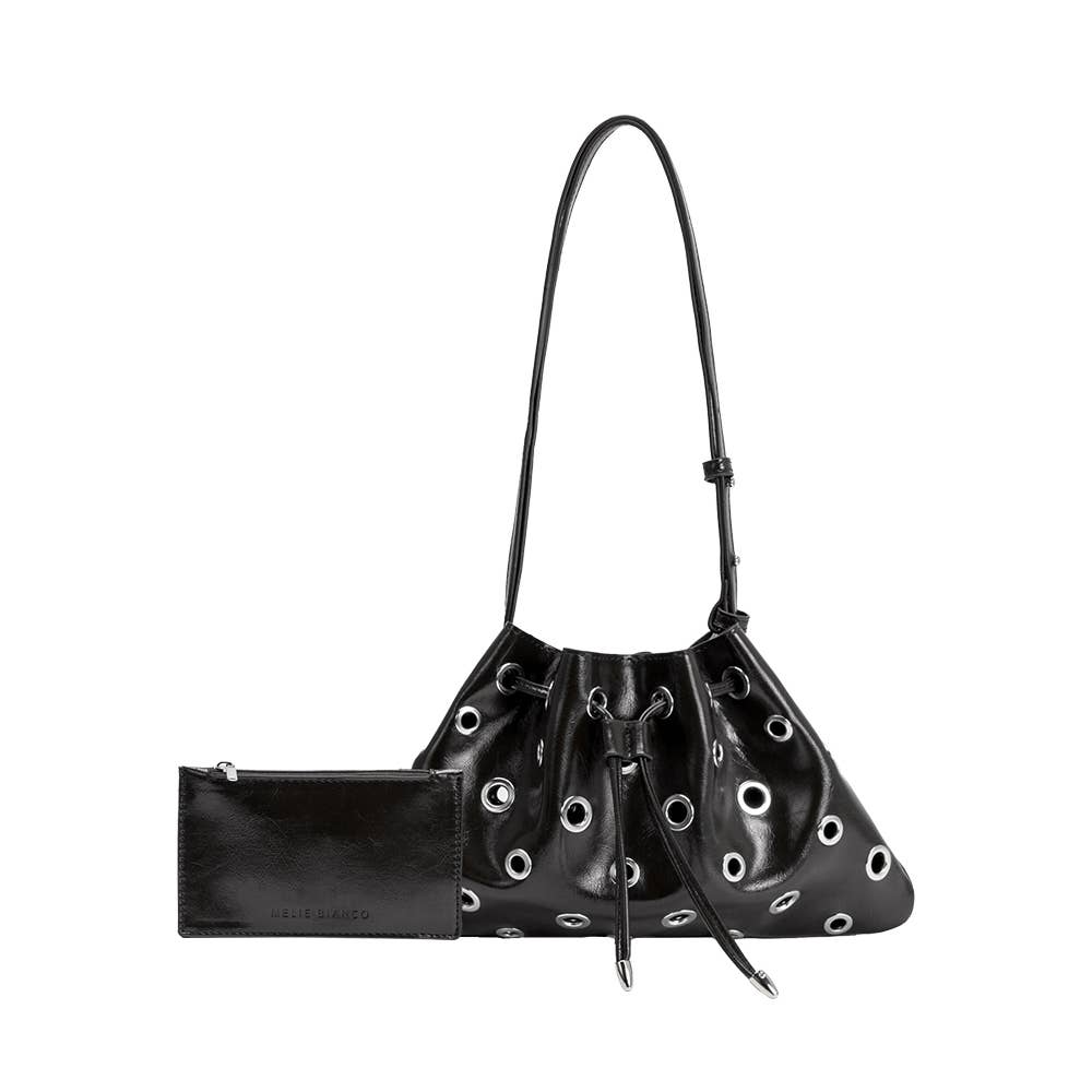 A black leather shoulder bag with silver grommets and a matching black leather pouch, shown on a plain white background.