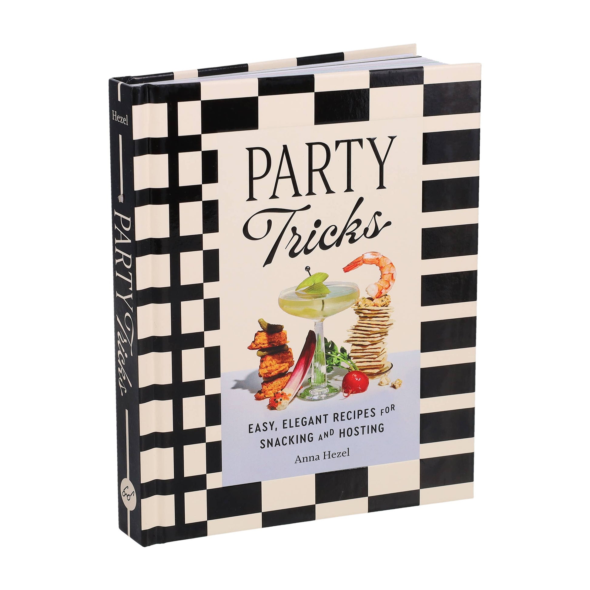 Book titled 'Party Tricks' with black and white checkered design on a white background