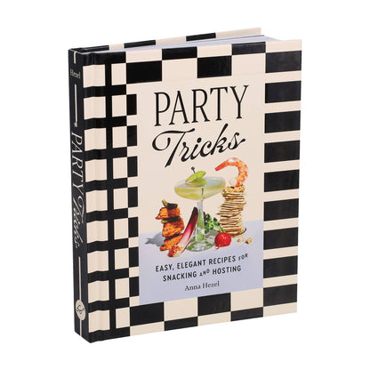 Book titled 'Party Tricks' with black and white checkered design on a white background
