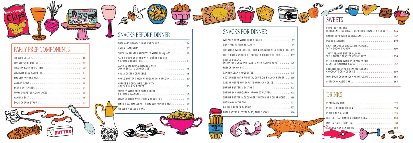Menu with snack categories and illustrations of food items