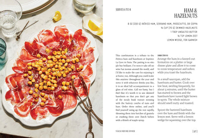 Plated dish of cured meat with hazelnuts on a white plate, accompanied by text.