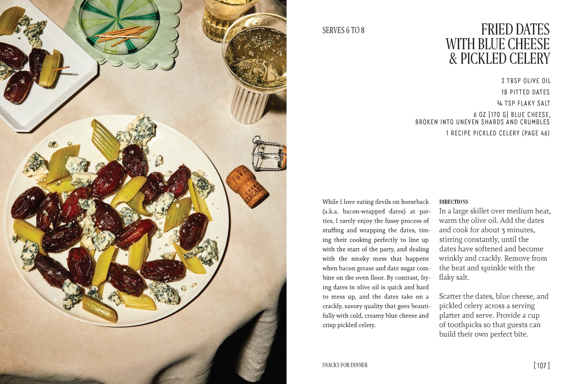 Fried dates with blue cheese and pickled celery on a plate, with recipe text on the right.