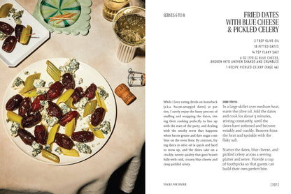 Fried dates with blue cheese and pickled celery on a plate, with recipe text on the right.