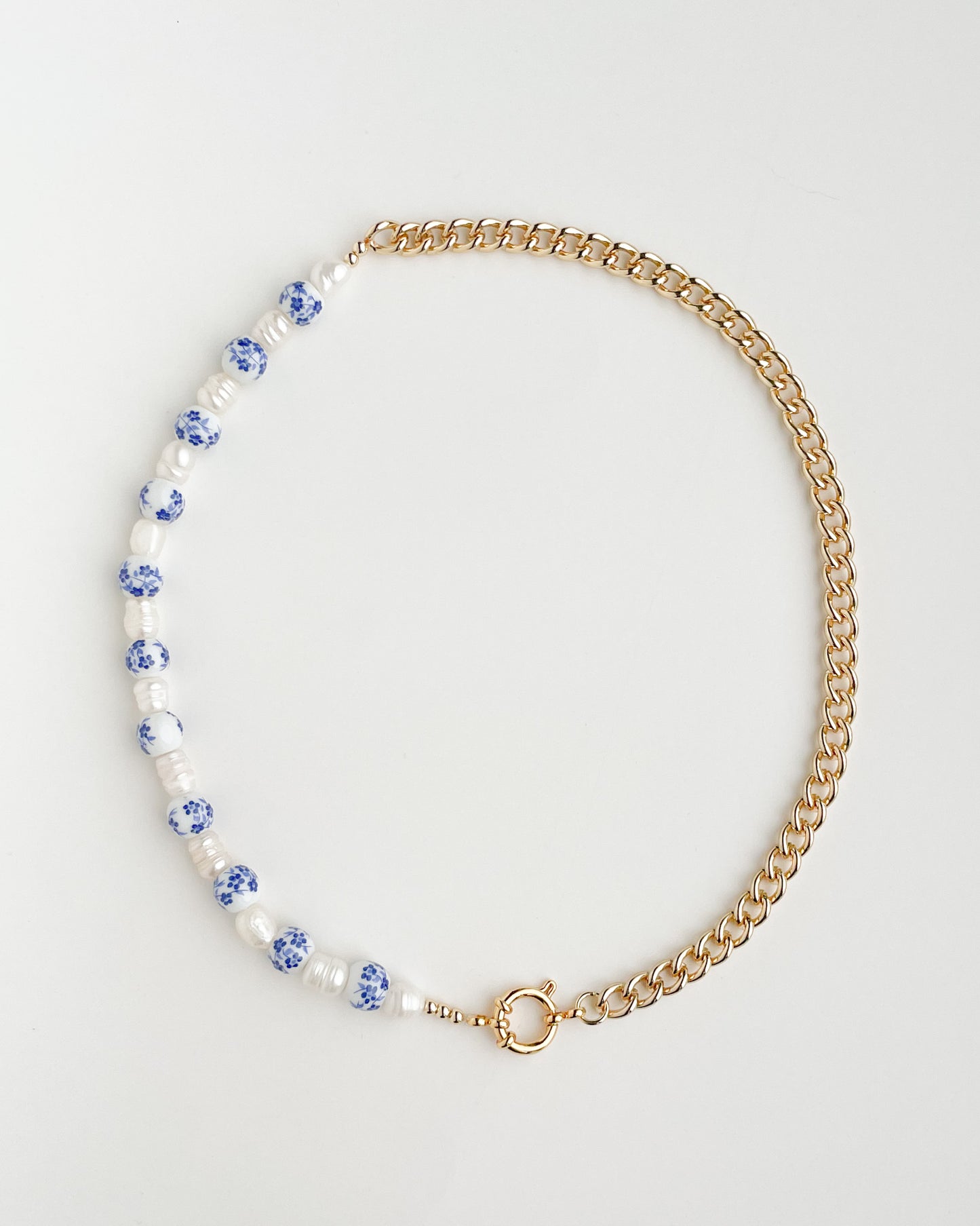 Pearl, Porcelain Beads & Gold Chain Necklace