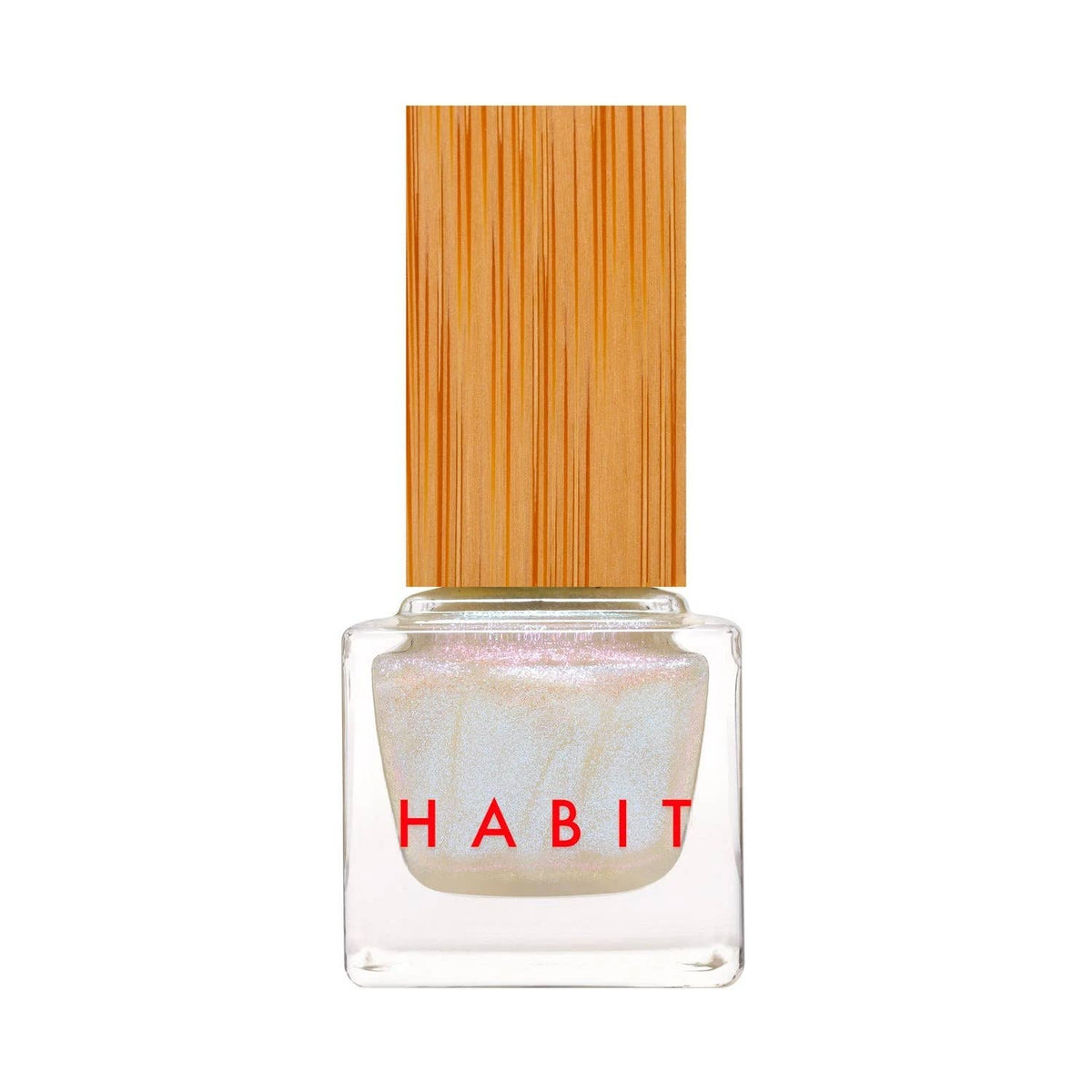 Nail polish with a wooden cap and 'Habit' branding on a white background