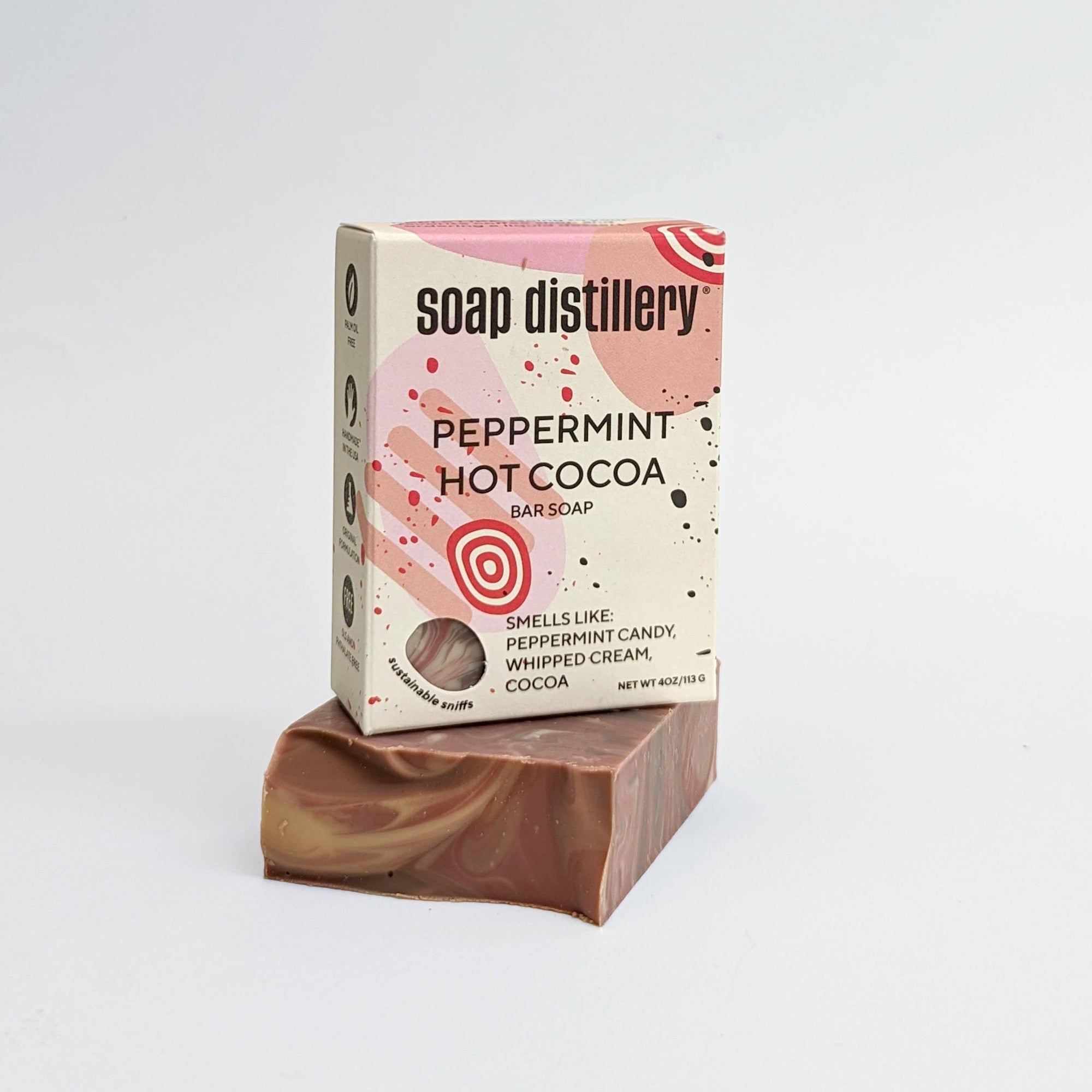 Bar of soap with packaging labeled 'Soap Distillery Peppermint Hot Cocoa' on a white background. Peppermint Hot Cocoa Bar Soap
