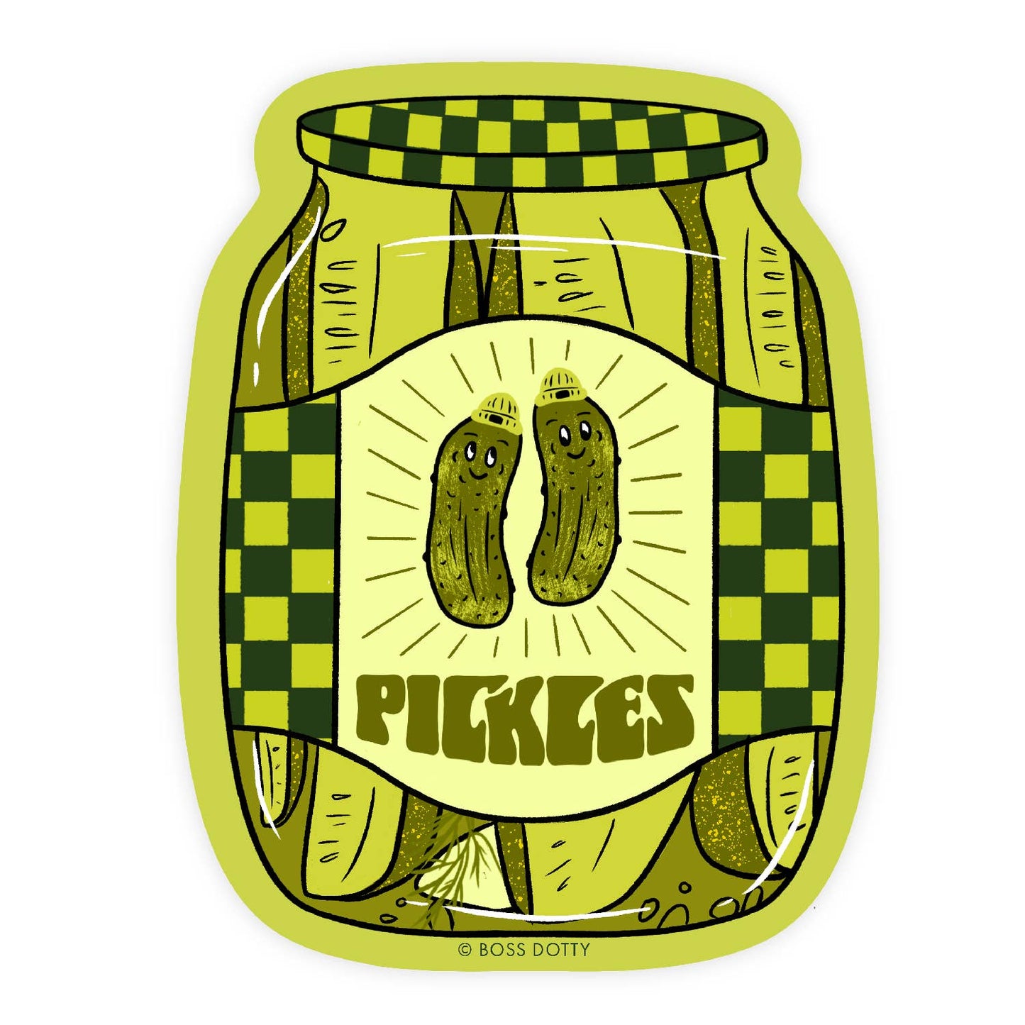 Illustration of a jar labeled 'Pickles' with a checkered lid on a white background.