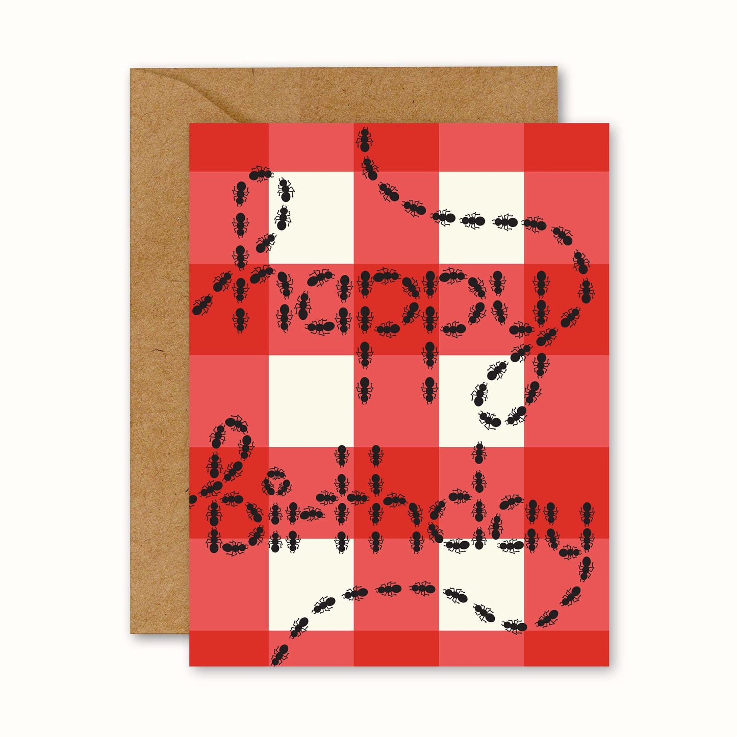 Red and white checkered birthday card with black text and a brown envelope on a white background