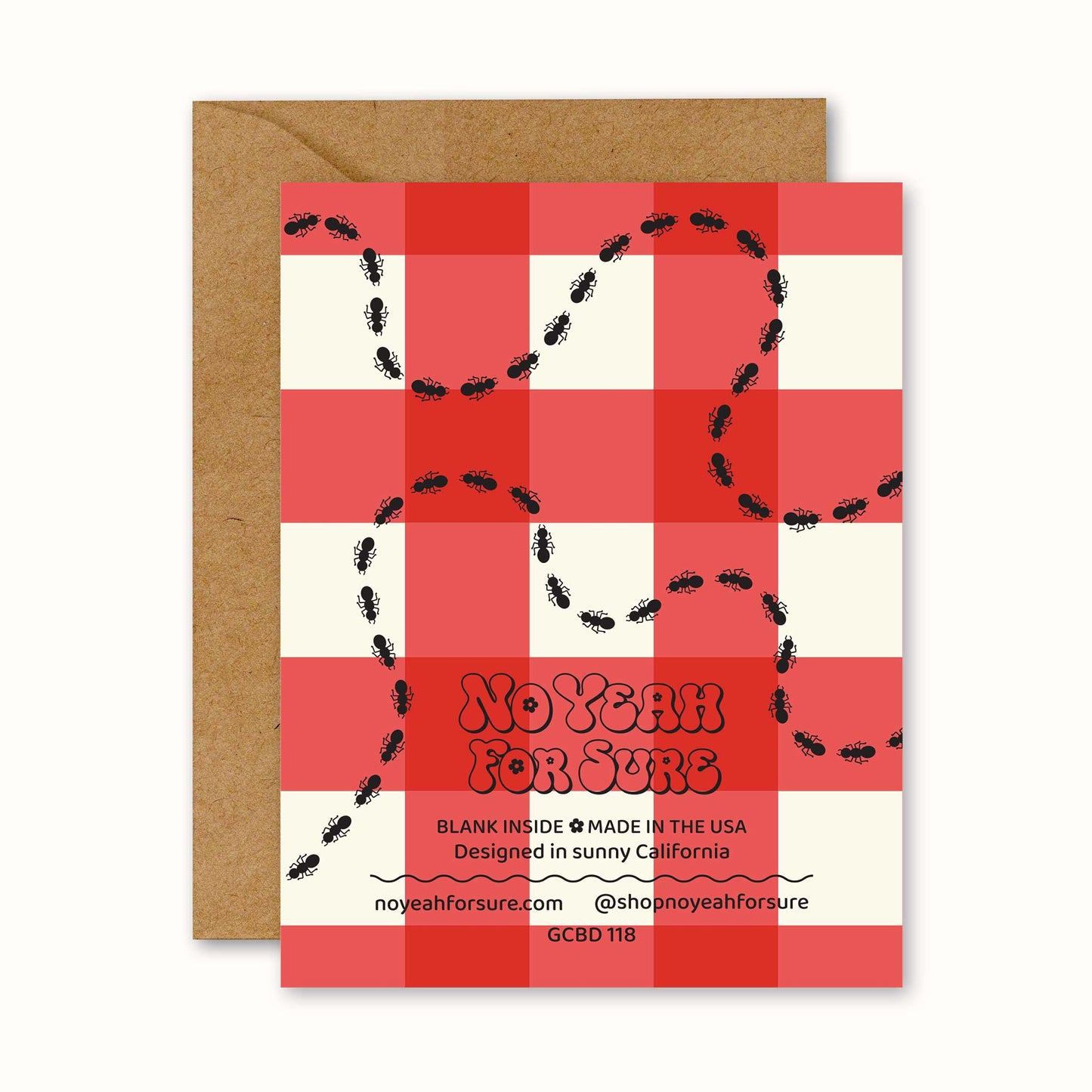 Greeting card with red and white checkered pattern and 'No Yeah For Sure' text, accompanied by a brown envelope.