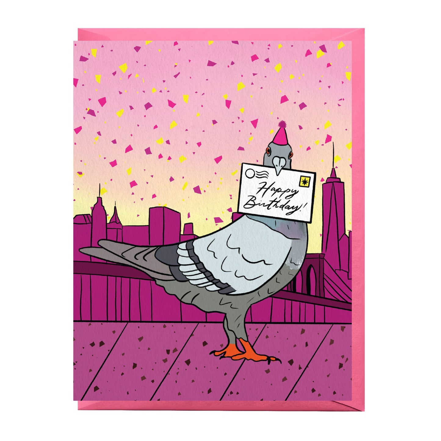 Greeting card with a pigeon holding a birthday card against a cityscape background