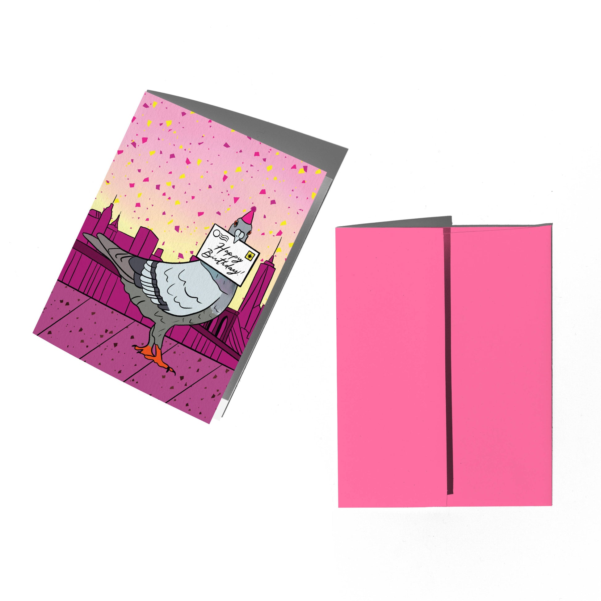 Greeting card with a goose illustration and pink envelope on a white background