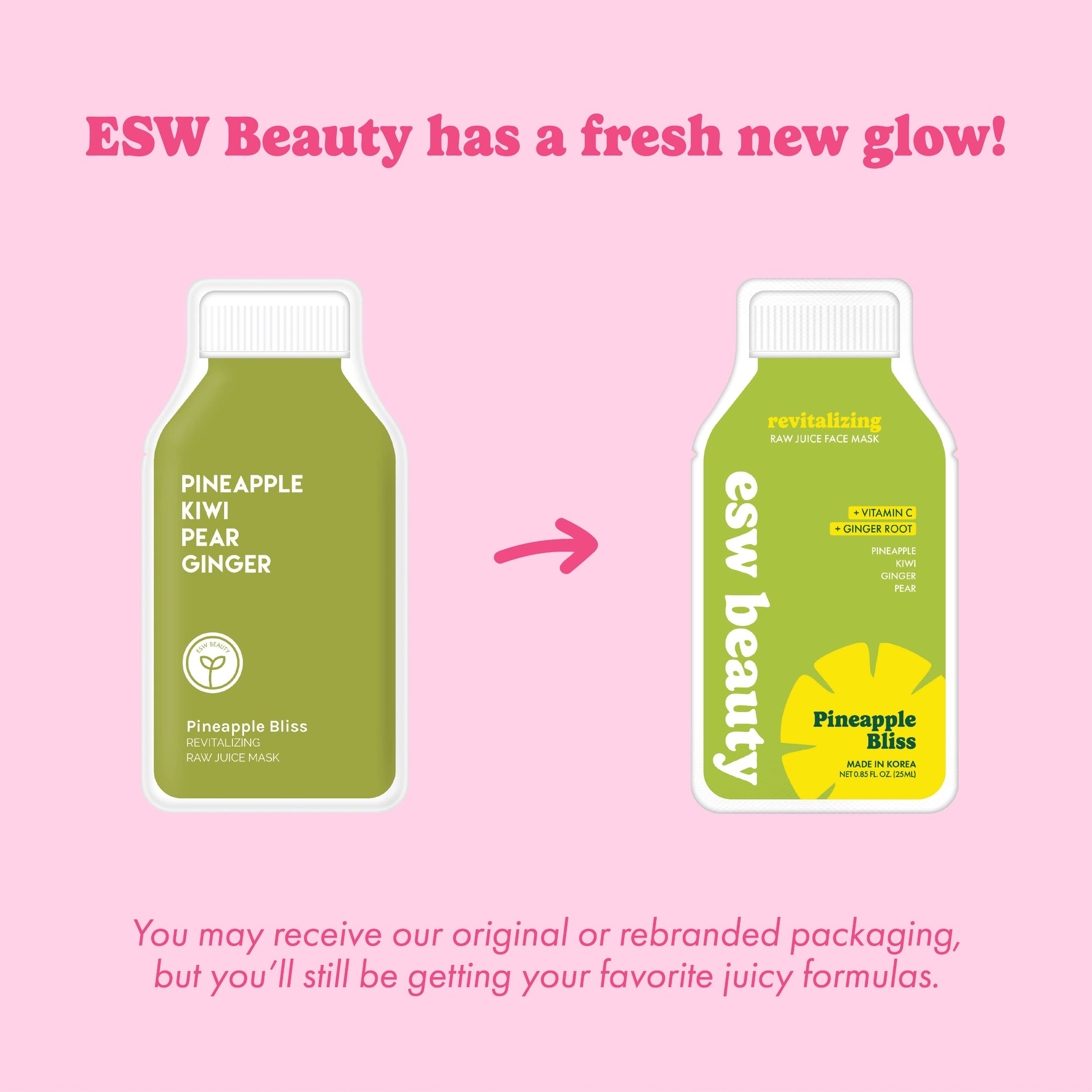 Comparison of ESW Beauty product packaging with text on a pink background
