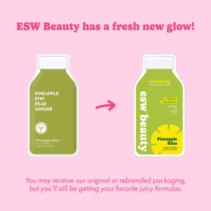 Comparison of ESW Beauty product packaging with text on a pink background