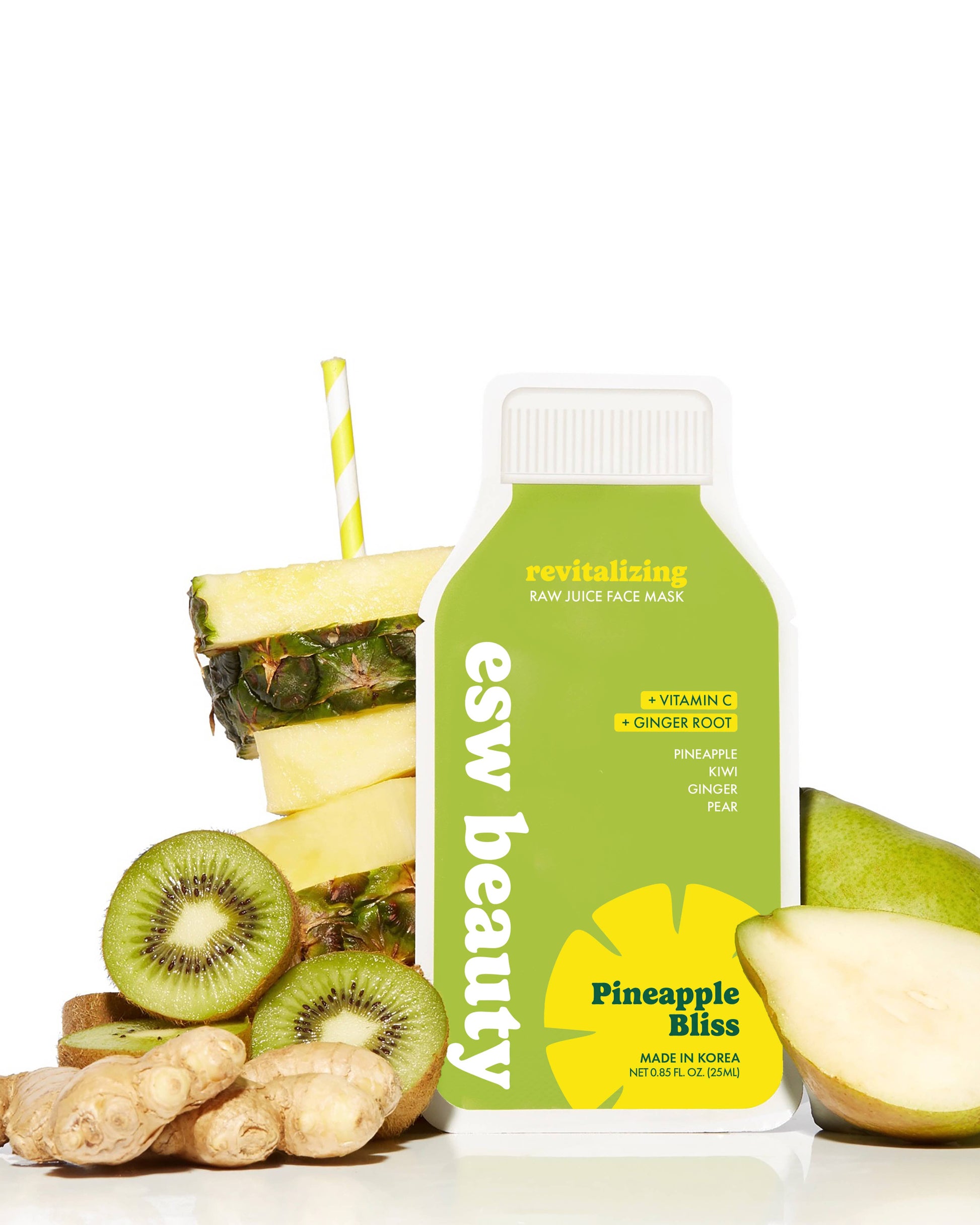Green bottle labeled 'esw beauty' with pineapple slices, kiwis, and a pear on a white background