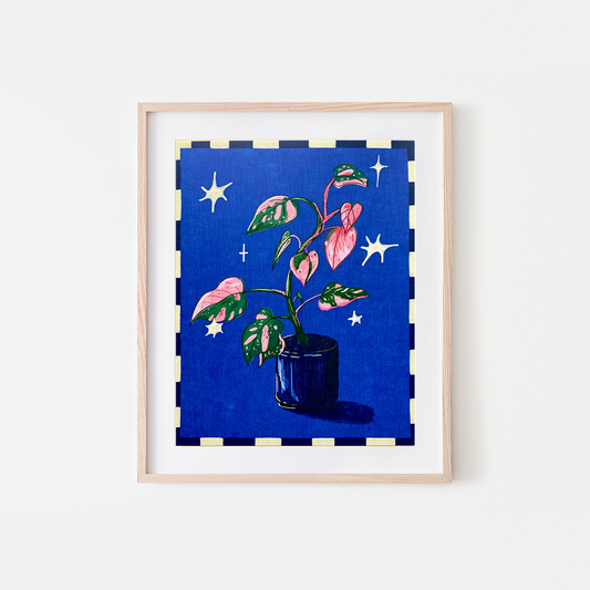 A framed art print featuring a potted plant with pink and green variegated leaves against a deep blue starry background, set in a light wood frame on a white wall.