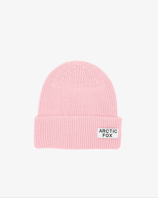 Pink beanie with 'Arctic Fox' logo on a white background, Pink Recycled Bottle Beanie