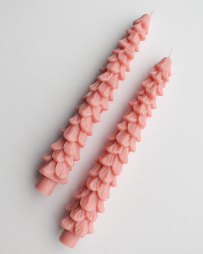 Two pink textured candles on a light gray background, Pink Tree Taper Candles
