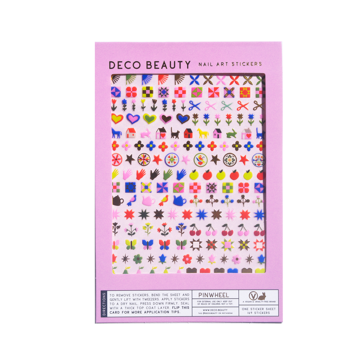 A pink package of Deco Beauty Nail Art Stickers, featuring a clear window displaying a sheet of various colorful decorative nail stickers.