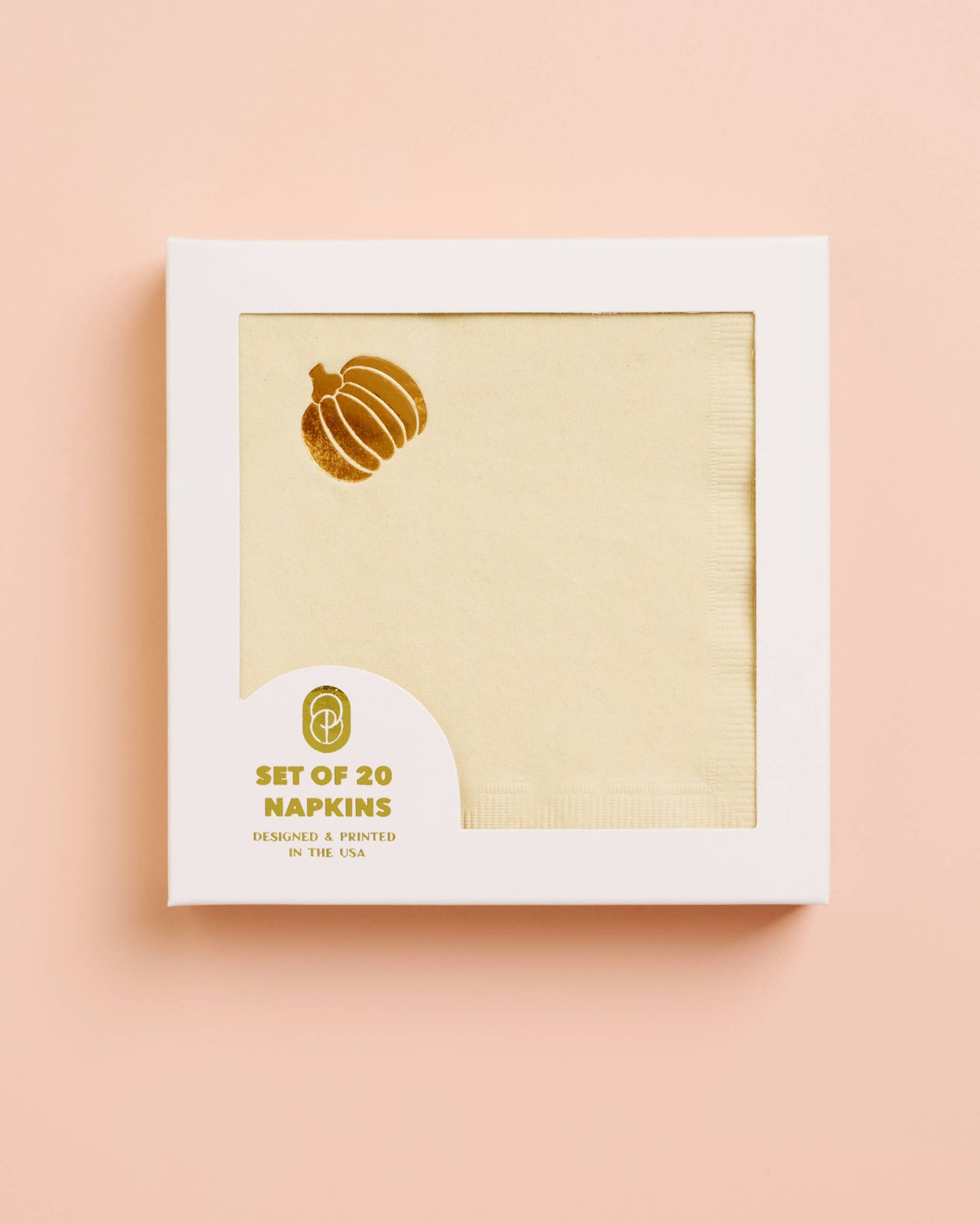 Set of 20 napkins packaging with a pumpkin design on a pink background, Pumpkin Copper Beverage Napkin Set