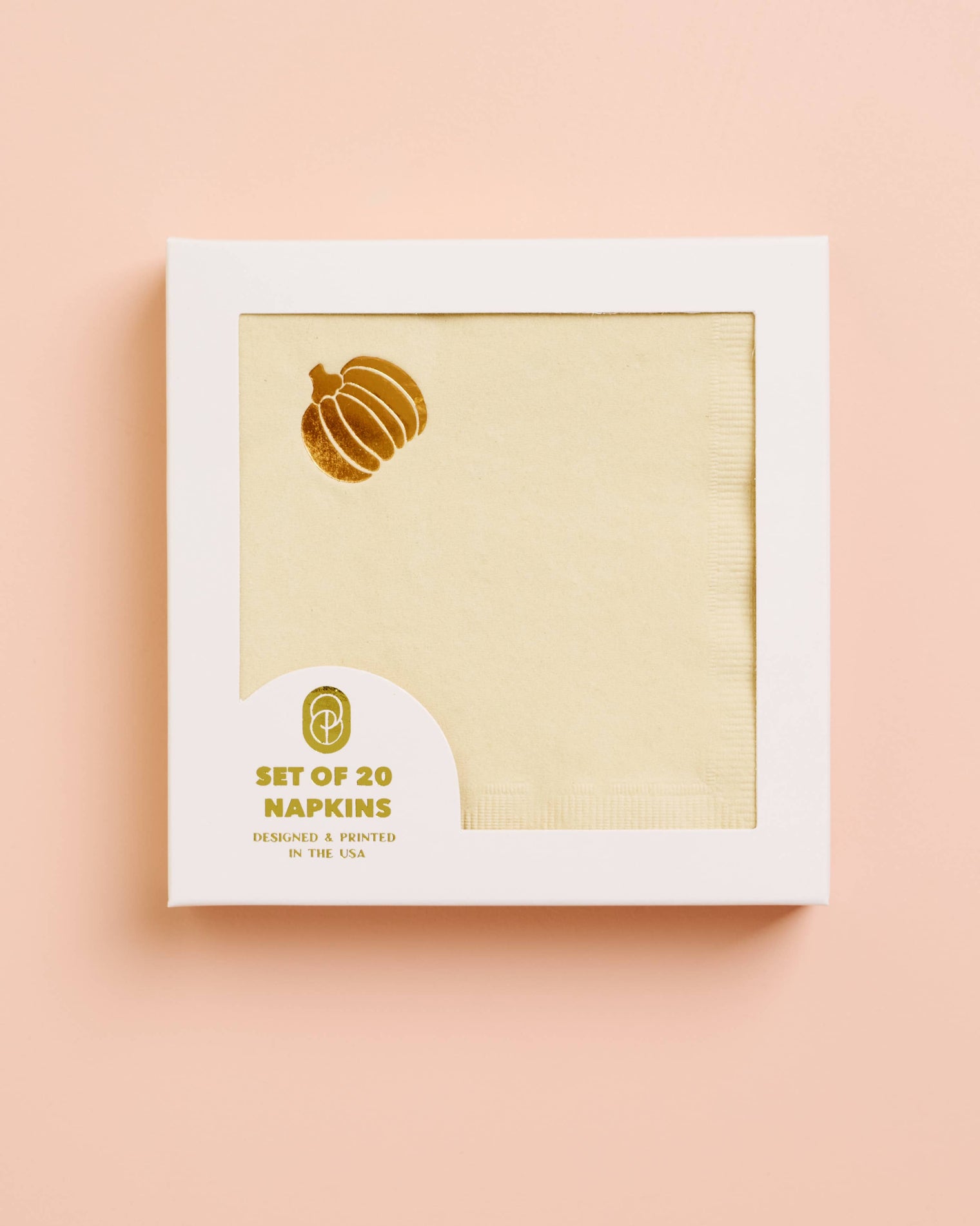 Set of 20 napkins packaging with a pumpkin design on a pink background, Pumpkin Copper Beverage Napkin Set