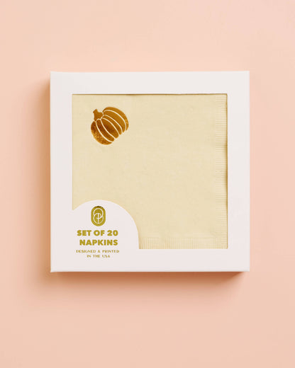 Set of 20 napkins packaging with a pumpkin design on a pink background, Pumpkin Copper Beverage Napkin Set