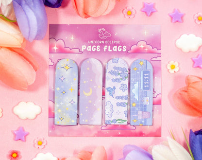 Pack of unicorn-themed page flags on a colorful background with flowers and stars.