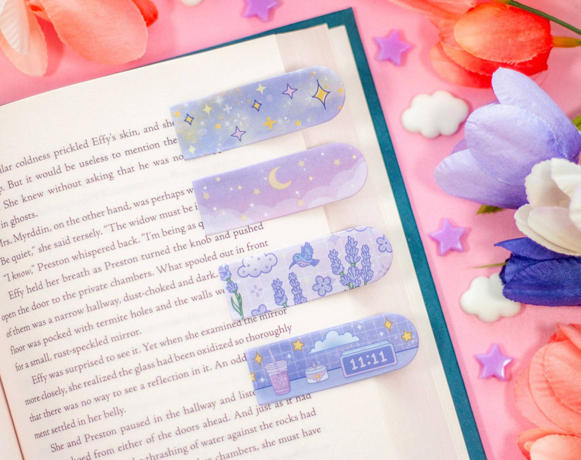 Decorative bookmarks on a book with a colorful background