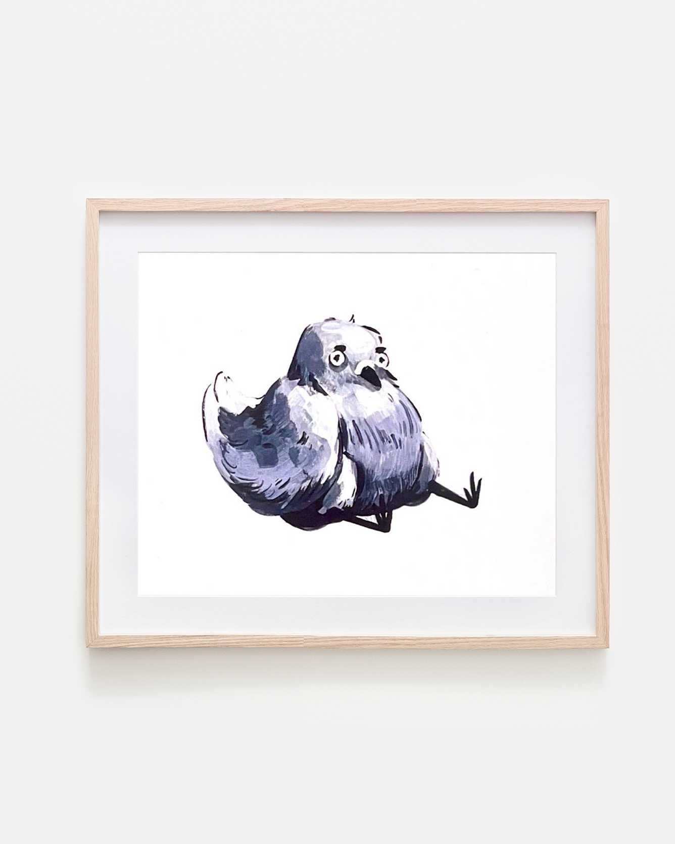 Framed artwork of a stylized creature on a white wall, Quarter-Life Crisis Pigeon Art Print
