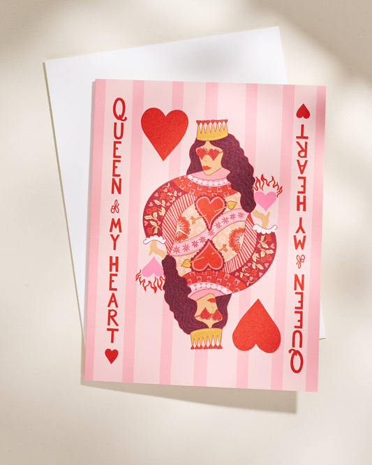 Greeting card with a Queen of Hearts design on a pink striped background, Queen of My Heart Greeting Card