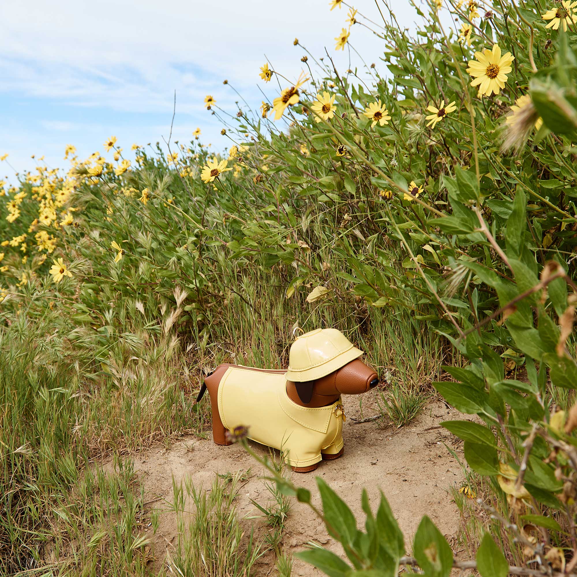 Dog toy resembling a dachshund in a yellow raincoat and hat standing in a field of wildflowers.