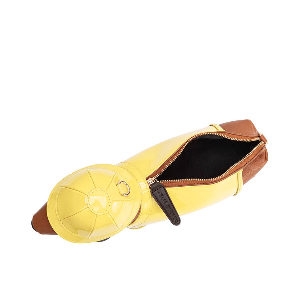 Yellow and brown bag with a zipper on a white background