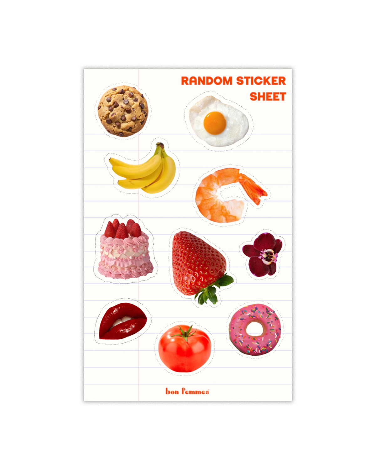 Sticker sheet with various food items on a white background