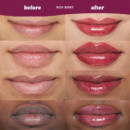Before and after comparison of a lip product on different skin tones with 'Rich Berry' color swatch.