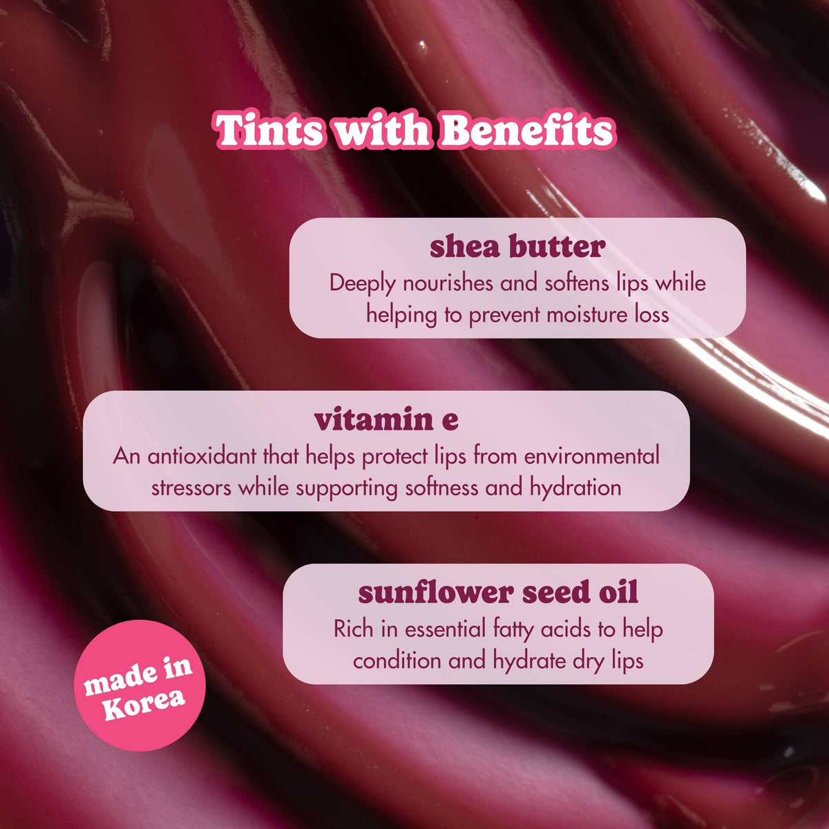 Product description card with benefits of shea butter, vitamin E, and sunflower seed oil on a pink background.