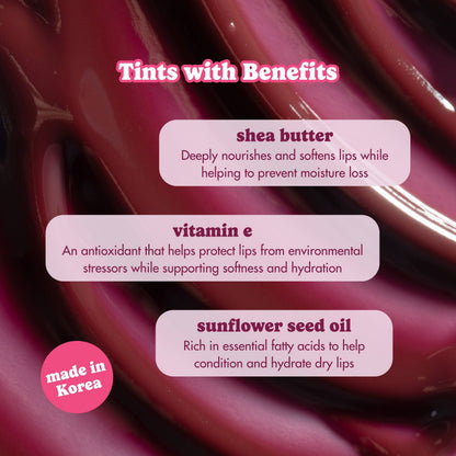 Product description card with benefits of shea butter, vitamin E, and sunflower seed oil on a pink background.