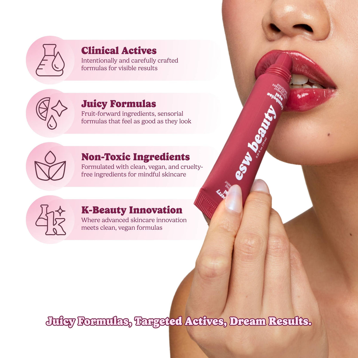 Lipstick being applied with brand features listed on a white background