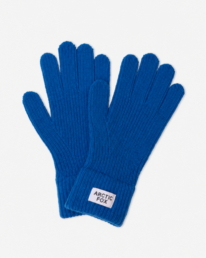 A pair of royal blue ribbed knit gloves with a white rectangular brand patch on the cuff, displayed on a light gray background.