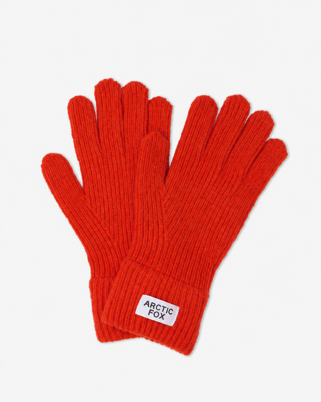 A pair of bright red ribbed knit gloves with a white rectangular brand label reading 'ARCTIC FOX' on the cuff, shown on a plain white background.