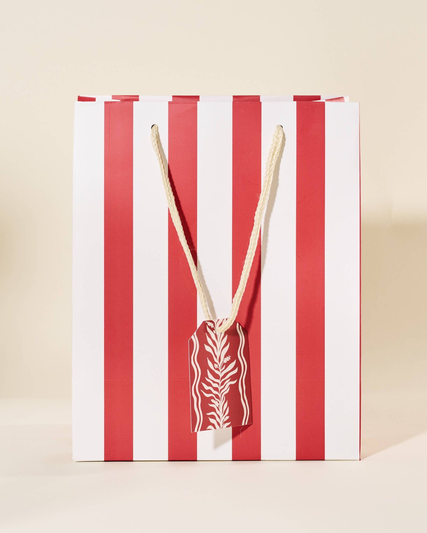 Red and white striped gitt bag with a leaf design on a beige background, Red Stripe Medium Paper Gift Bag