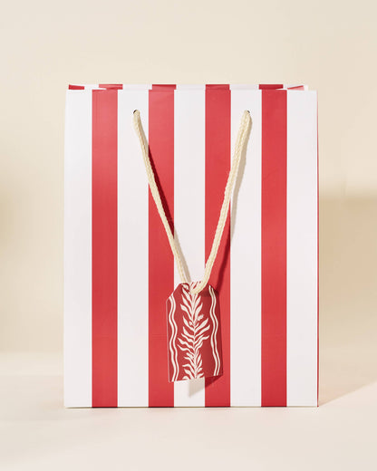Red and white striped gitt bag with a leaf design on a beige background, Red Stripe Medium Paper Gift Bag