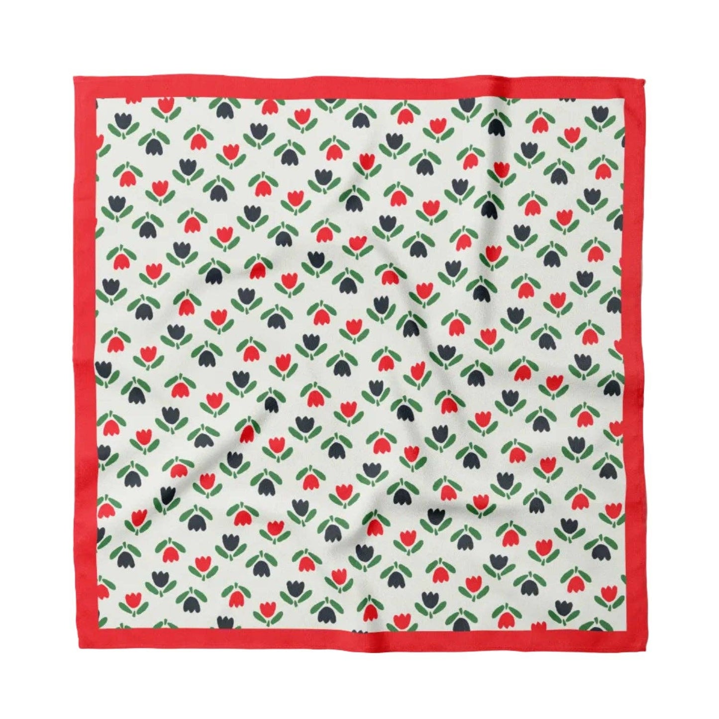 A square fabric pocket square with a red border and a repeating pattern of small red and black tulips with green leaves on an off-white background.