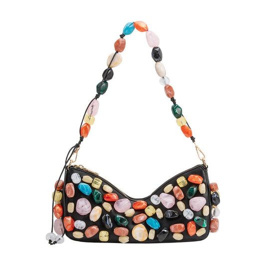Black handbag with colorful stone pattern and beaded handle on a white background, Rhodes Shoulder Bag - Melie Bianco