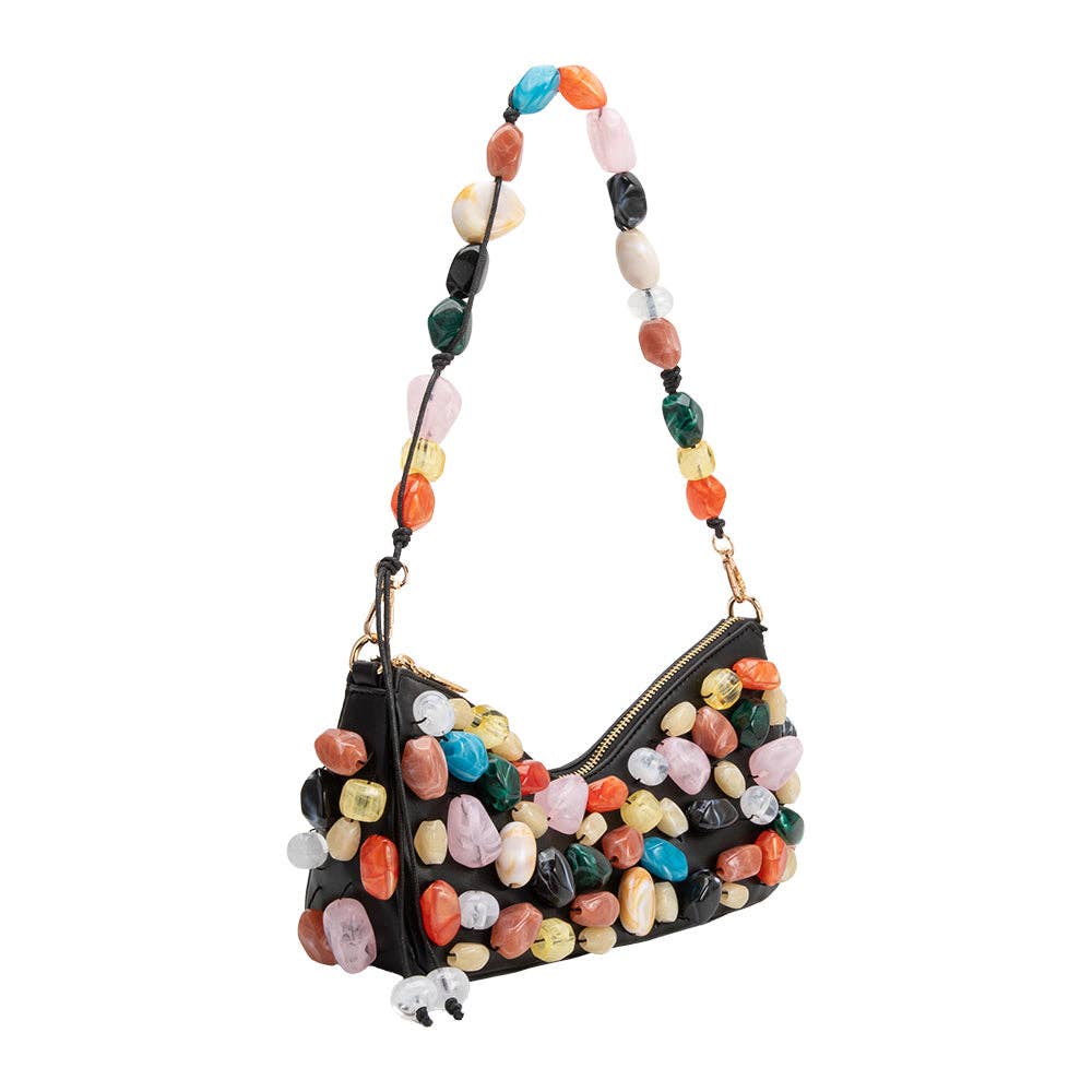 Black handbag with colorful bead handle on a white background, Rhodes Shoulder Bag - Melie Bianco